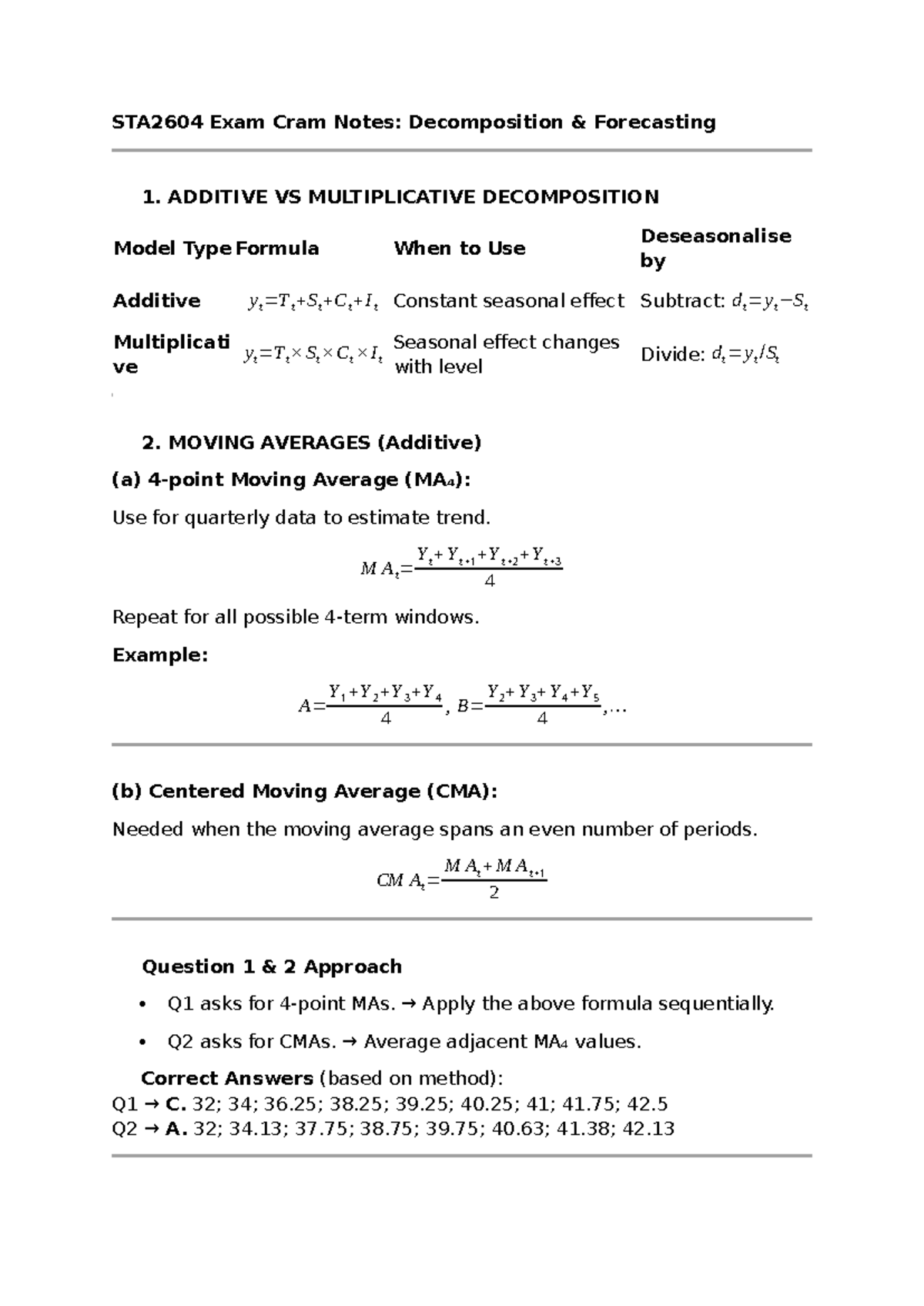 STA2604 Final Exam Cram Notes: Decomposition & Forecasting Techniques ...