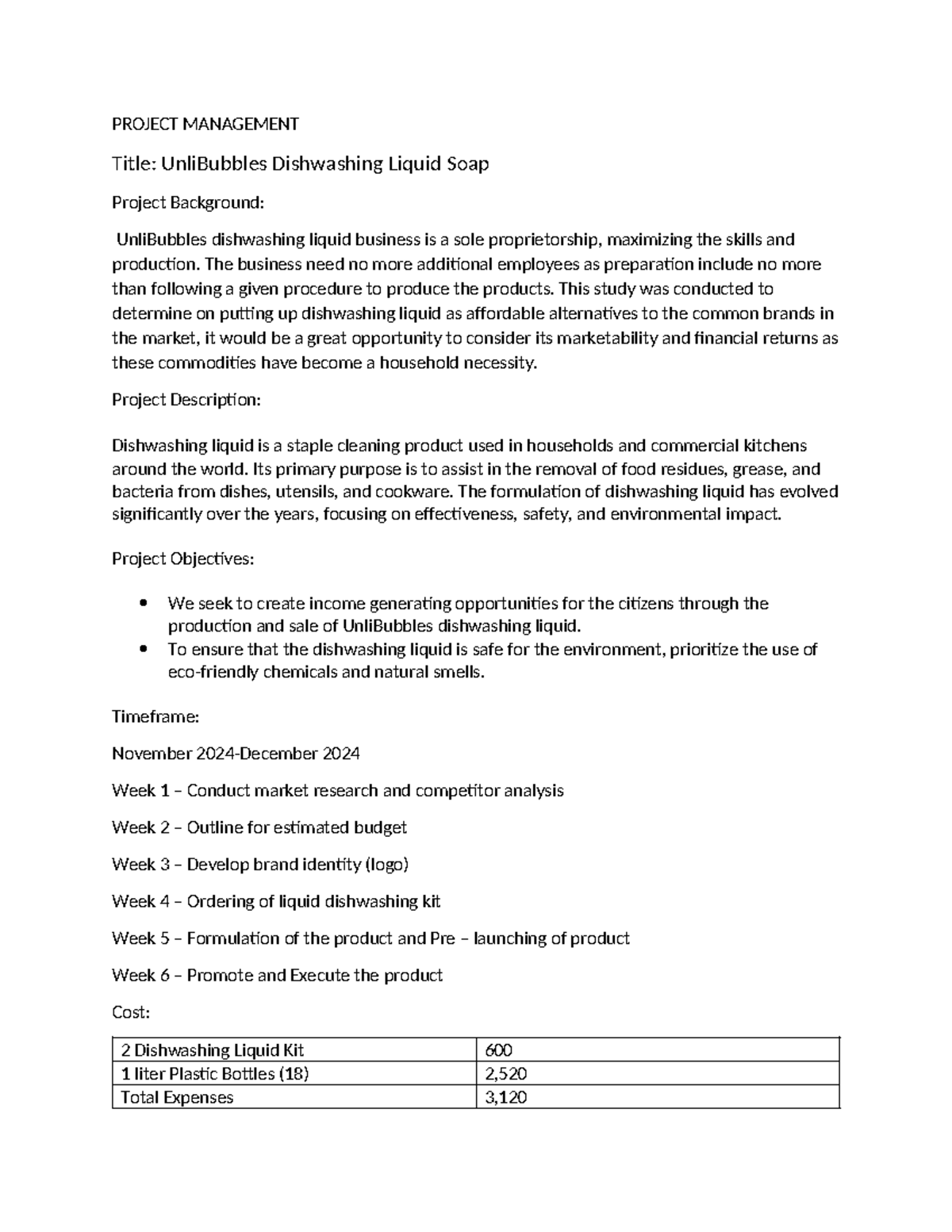Project management - PROJECT MANAGEMENT Title: UnliBubbles Dishwashing ...