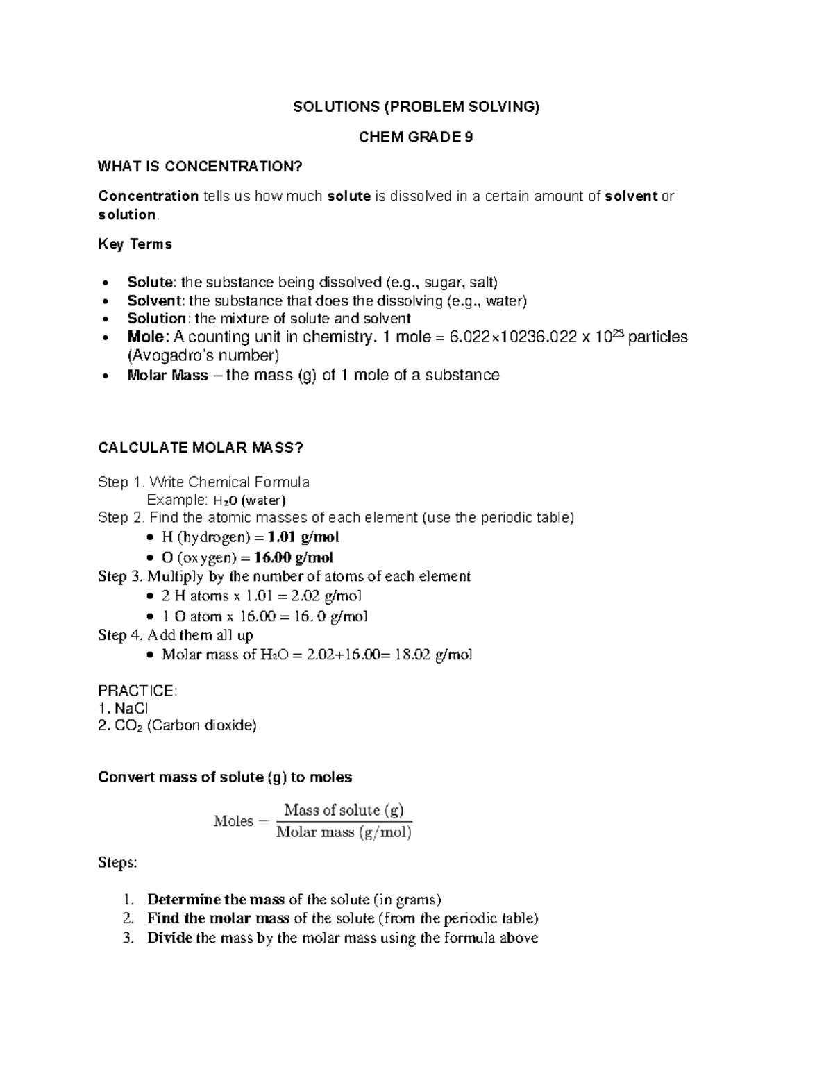 CHEM 9-PROM Problem Solving: Concentration & Molarity Practice Exam ...