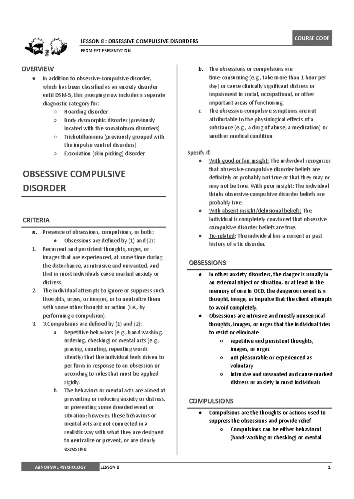 DSM 5 Classification of Obsessive-Compulsive Disorders Overview - Studocu