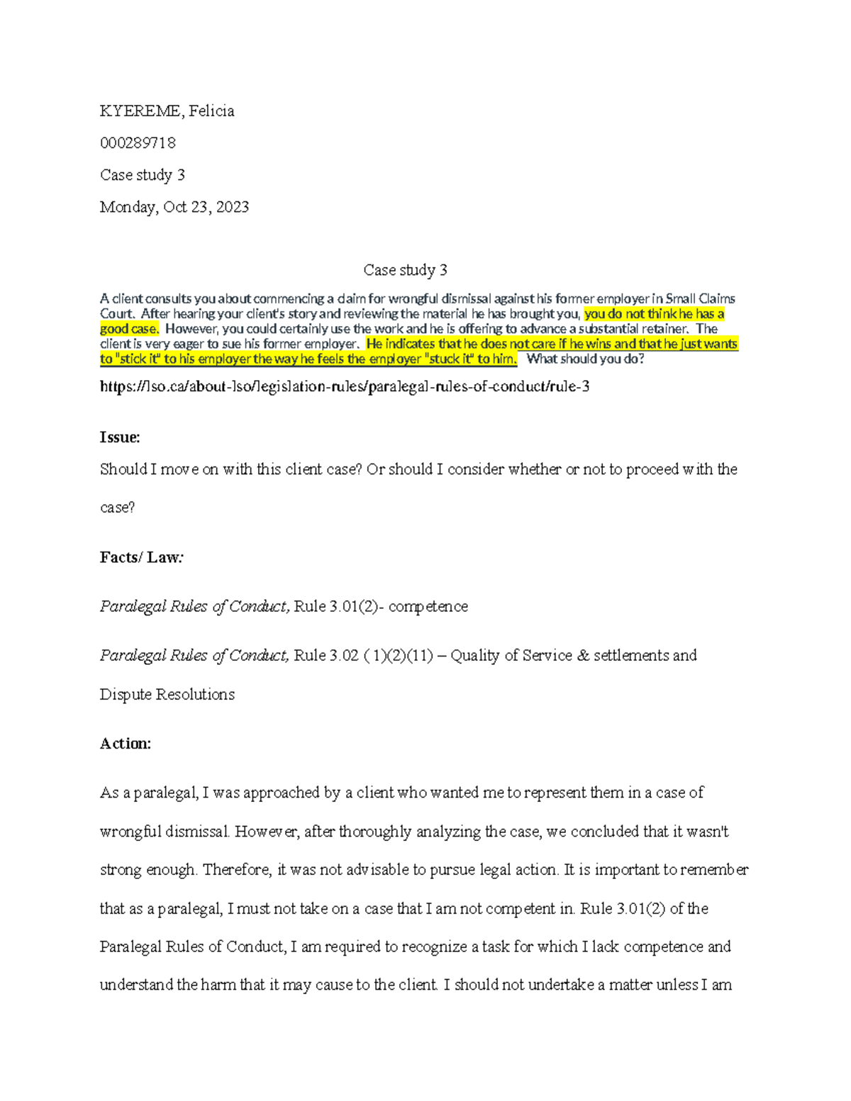 Case Study 3: Ethics of Handling a Wrongful Dismissal Claim - Studocu