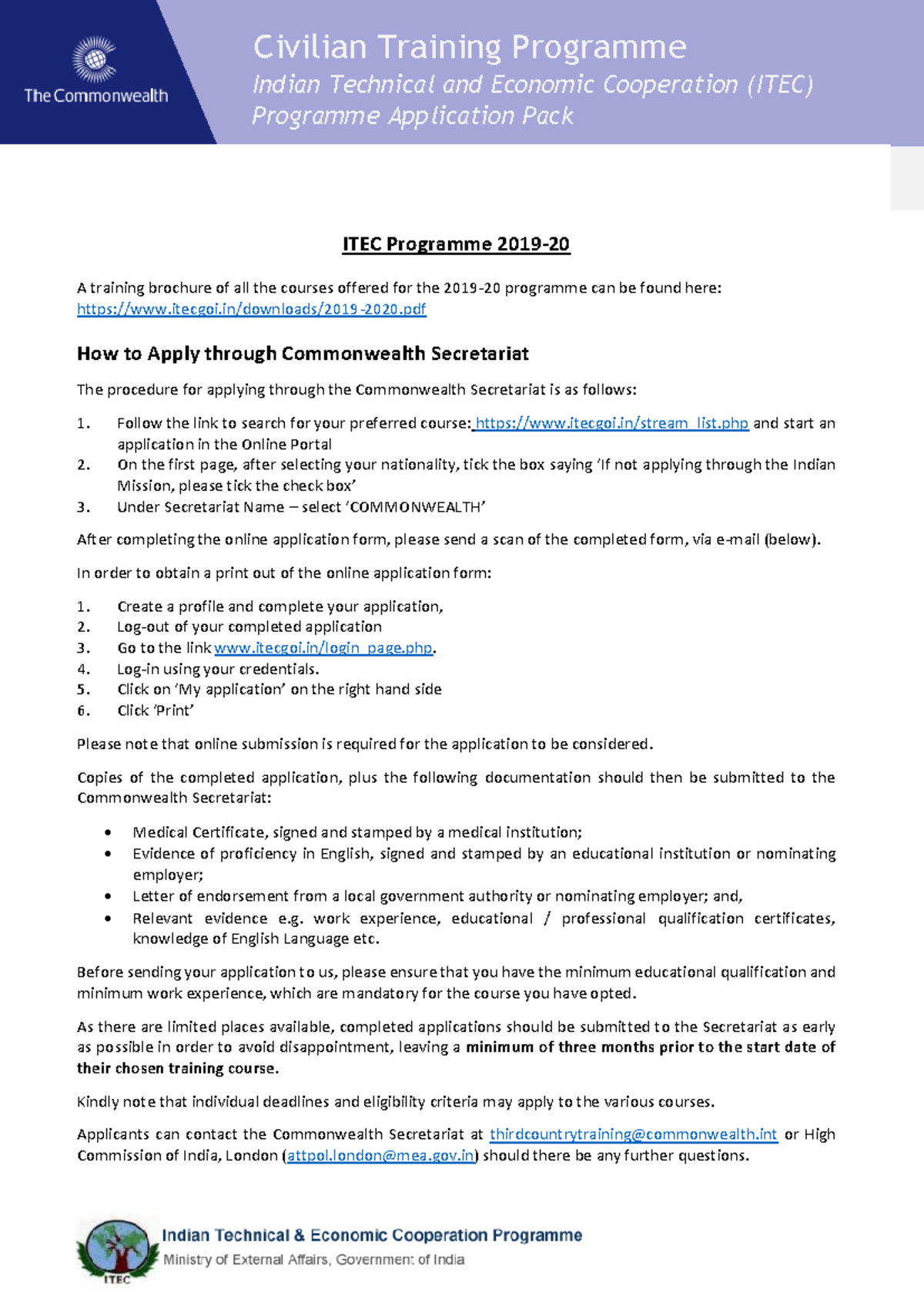 ITEC Programme Application Guidelines for 2019-20 - Studocu