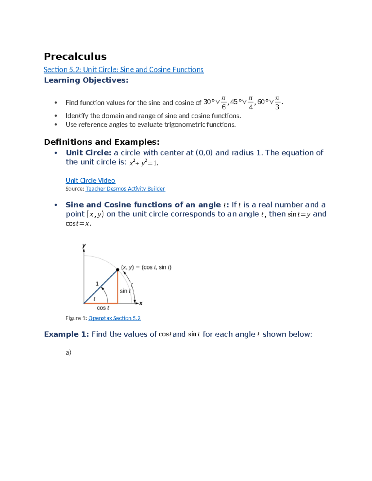 Precalculus (MATH101) Final Exam: Unit Circle & Trig Functions - Studocu