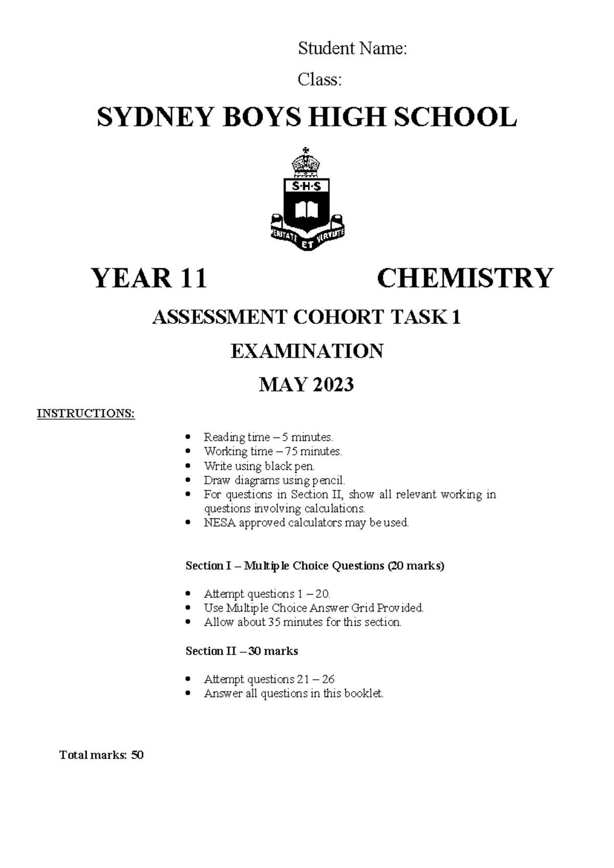 chem 2023 Half-Yearly Exam Notes for Year 11 Chemistry - Studocu