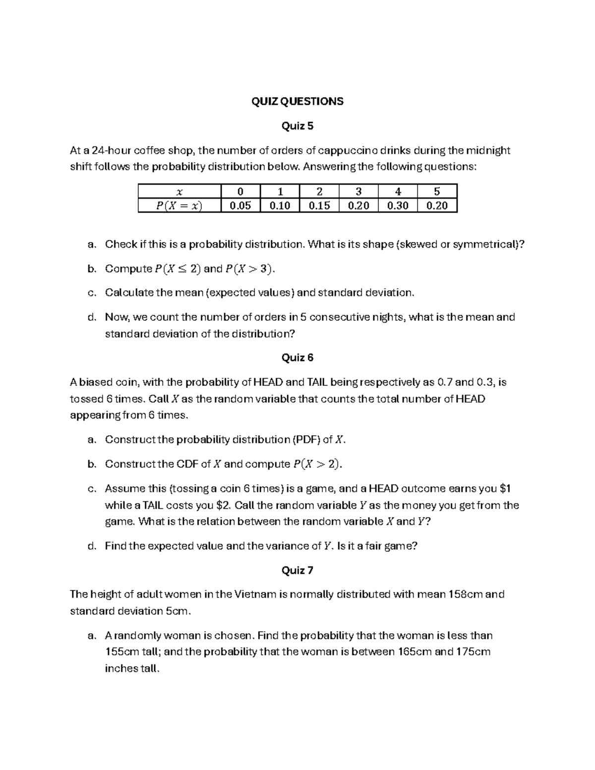 Quiz Questions - Probability & Statistics (Quiz 5-11) - Studocu