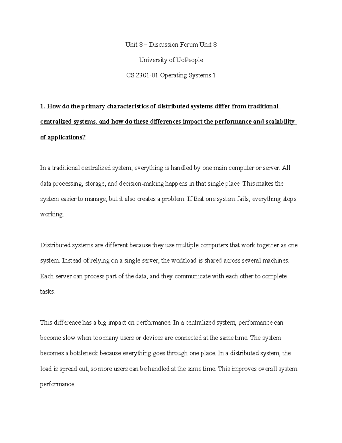 CS 2301 - Unit 8 Discussion Forum on Distributed Systems and OS ...