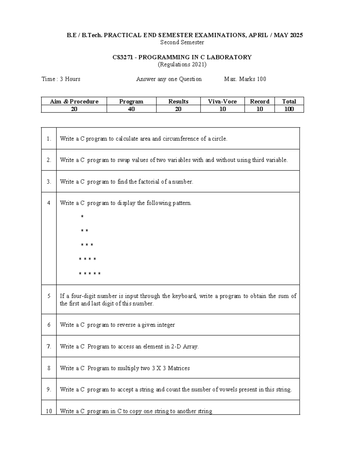 CS3271 Programming in C Laboratory Practical Exam April-May 2025 - Studocu