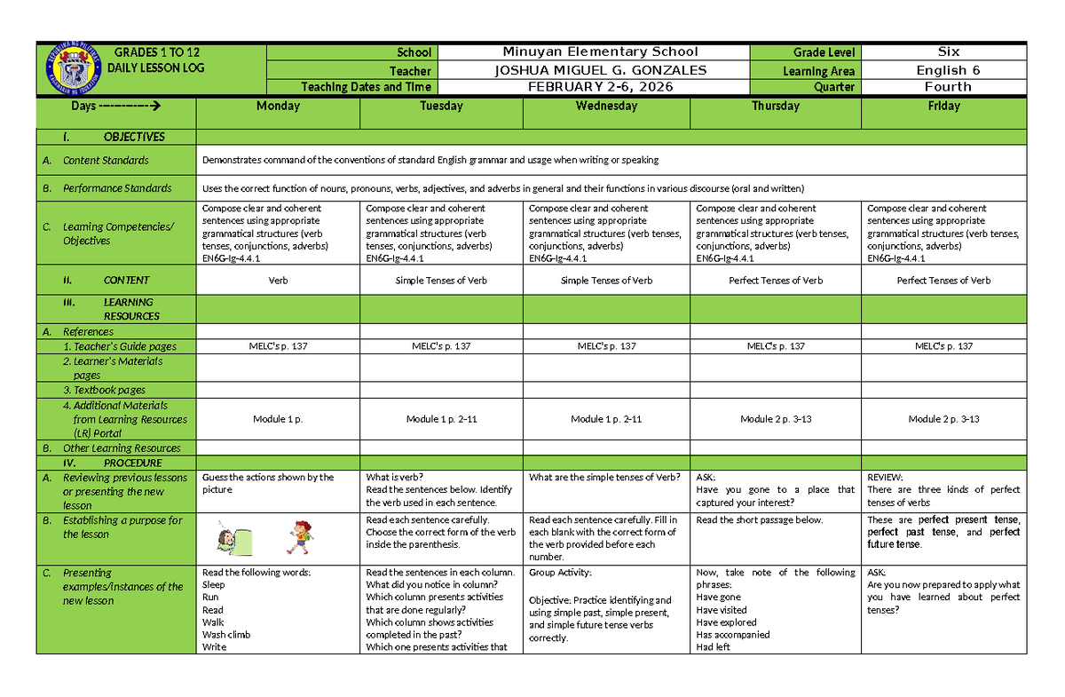 DLL English 6 Week 1 Lesson Plan: Mastering Verb Tenses - Studocu