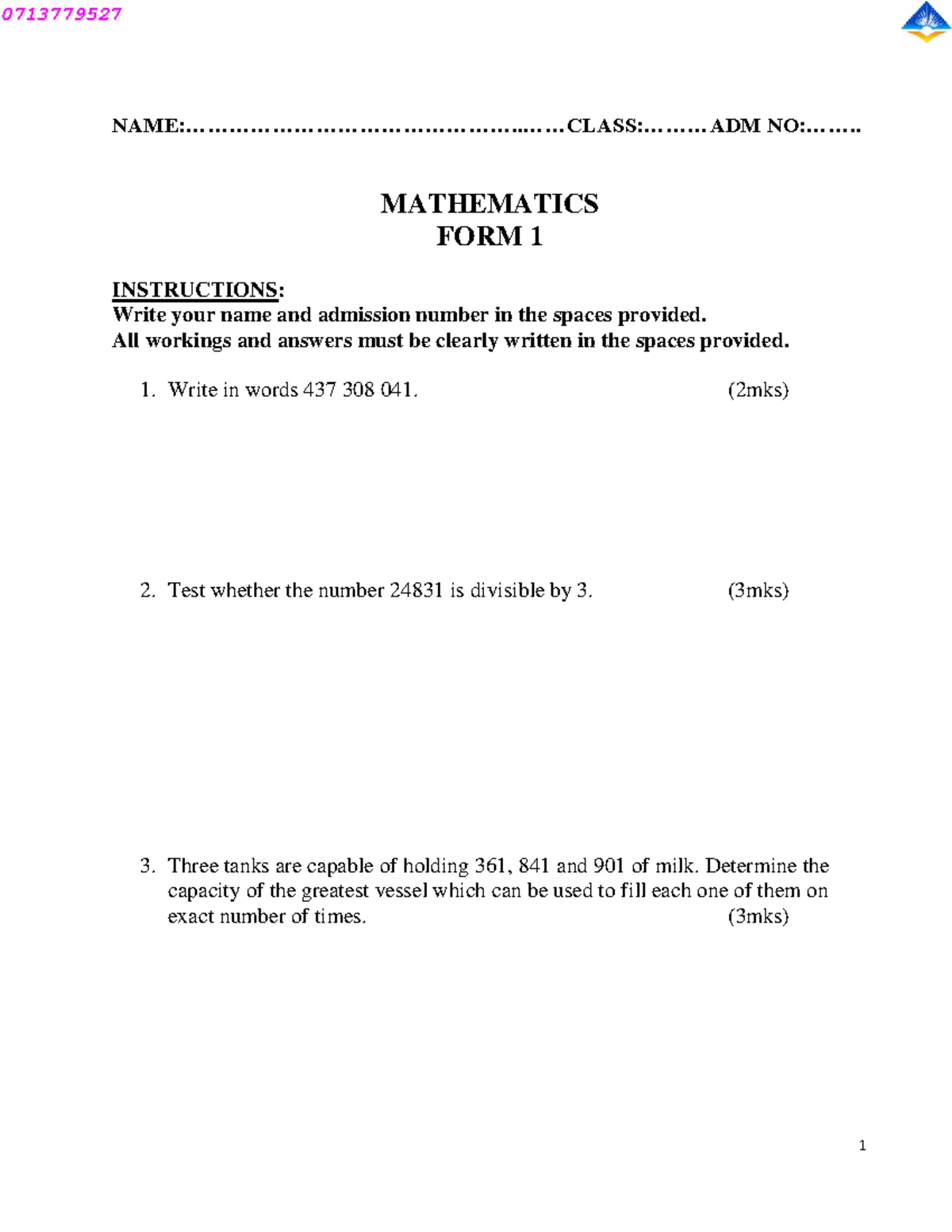 Mathematics (121) Form Two Term 3 Exam Marking Scheme - November 2022 ...