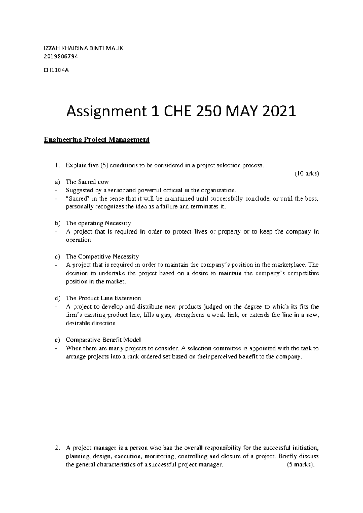 Assignment 1 - Project Management Insights CHE250 (May 2021) - Studocu