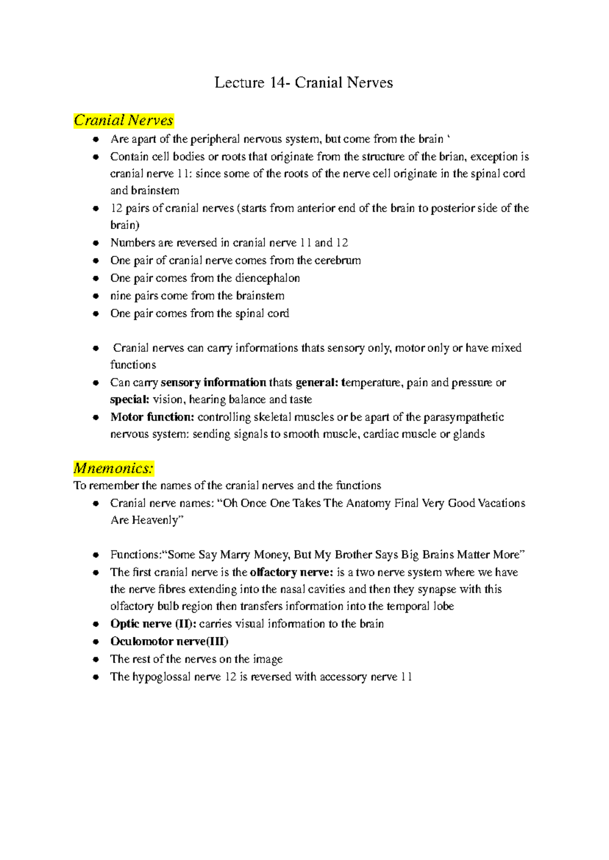 Lecture 14 - Comprehensive Notes on Cranial Nerves - Studocu