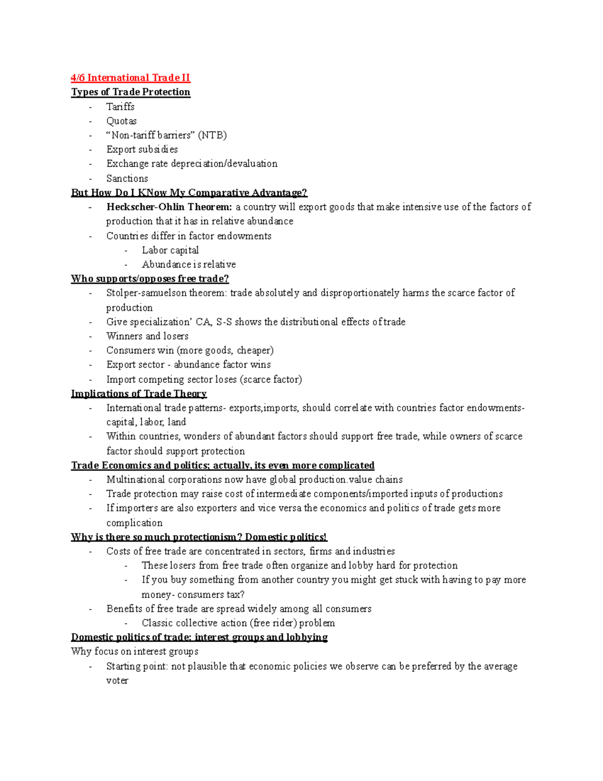 Poli Sci 140 Lecture Notes: International Trade & Protectionism - Studocu