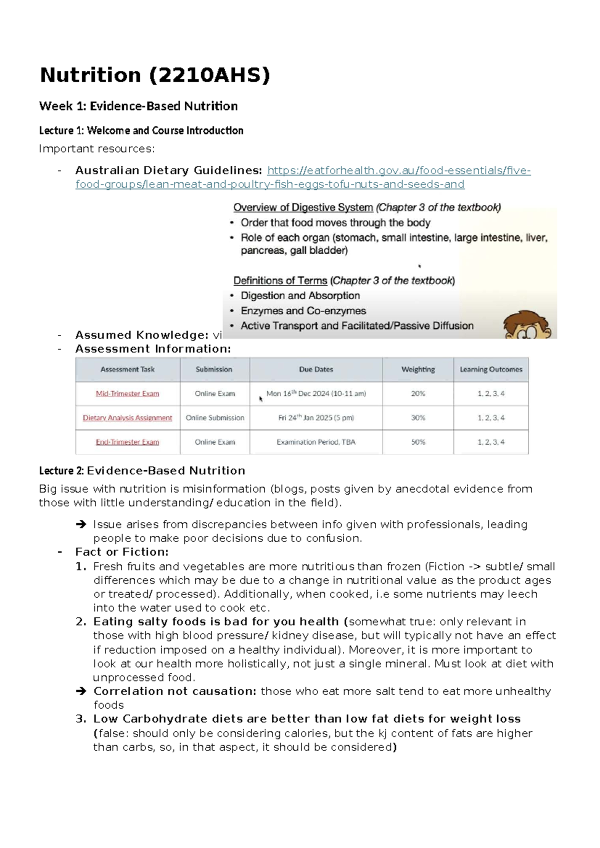 Nutrition (2210AHS) Week 1-2: Lecture Notes on Dietary Guidelines ...