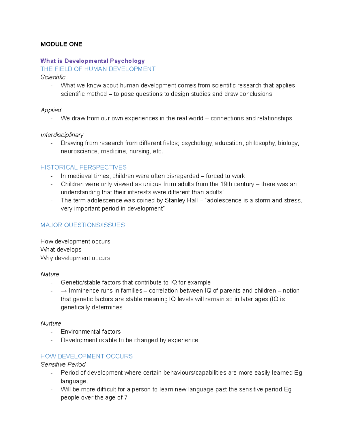 Developmental Psychology (PSY 101) - Week 1 Lecture Notes - Studocu