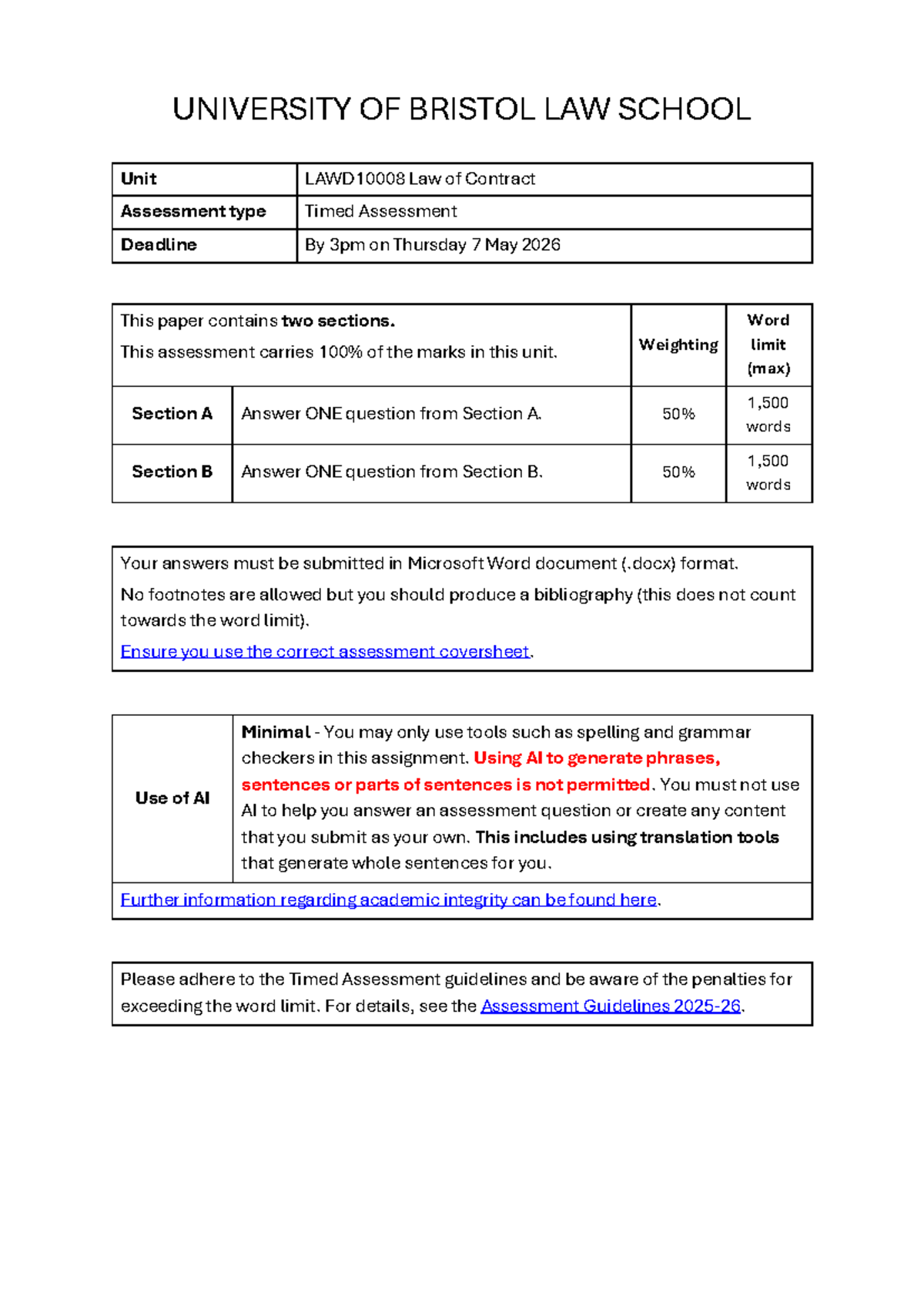 LAWD10008 Timed Assessment: Law of Contract Analysis (2x1500 words ...