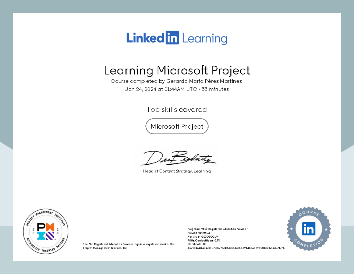 Certificate Of Completion Learning Microsoft Project - Learning ...