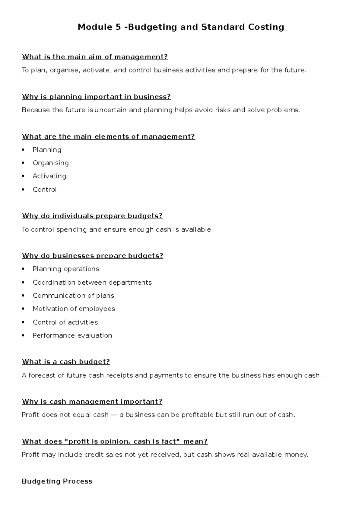 Module 5 - Budgeting and Standard Costing Overview - Studocu