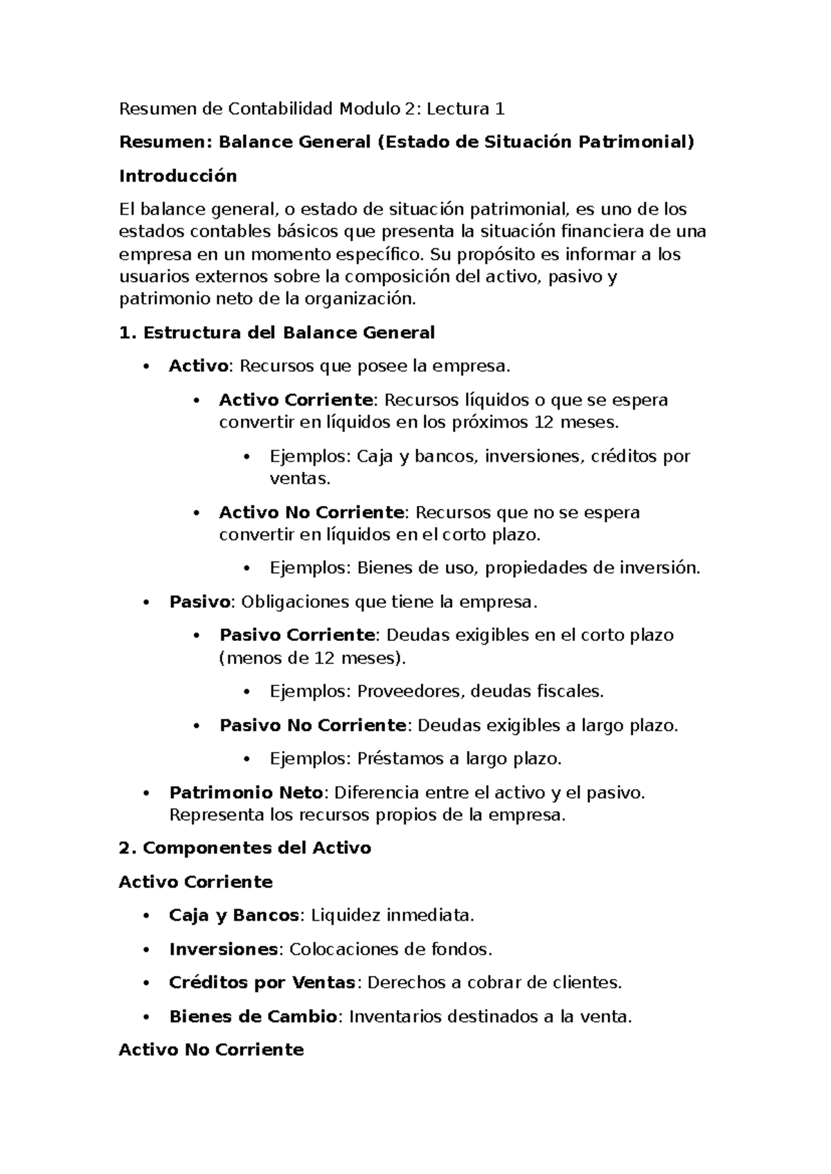 Resumen de Contabilidad Módulo 2: Balance General y Estructura - Studocu