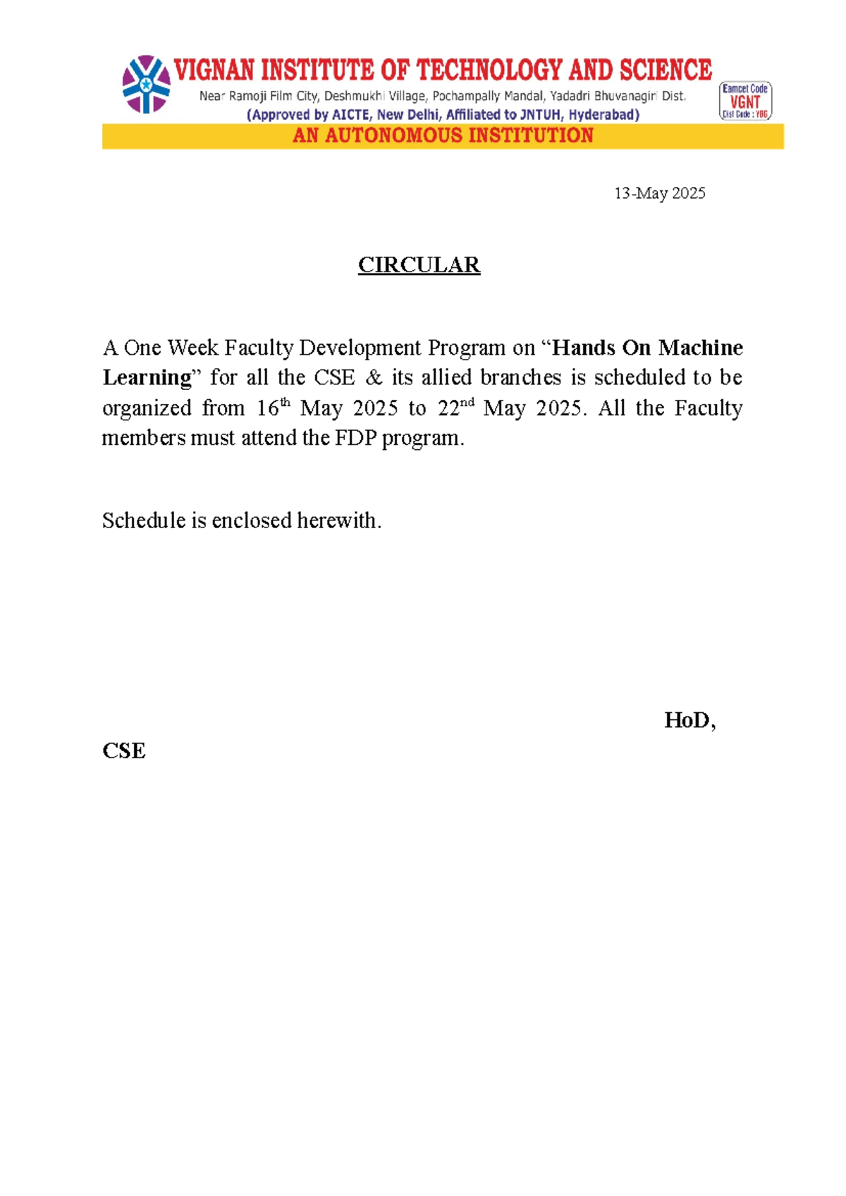 2025 CIRCULAR: One Week FDP on Machine Learning for CSE Faculty - Studocu