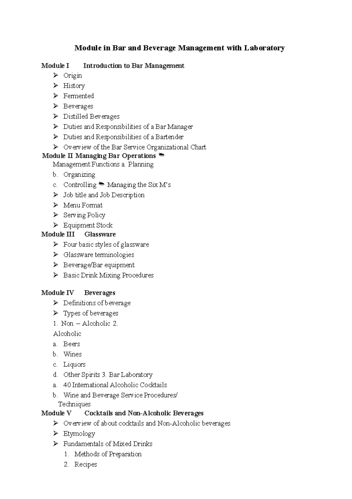 Bar and Beverage Management Course with Laboratory Module Overview ...