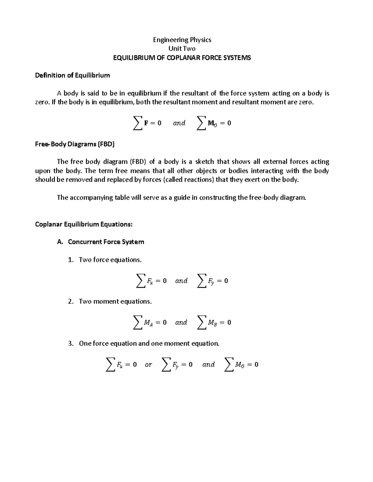 Unit 2: Equilibrium of Coplanar Forces - Study Guide & Solutions - Studocu