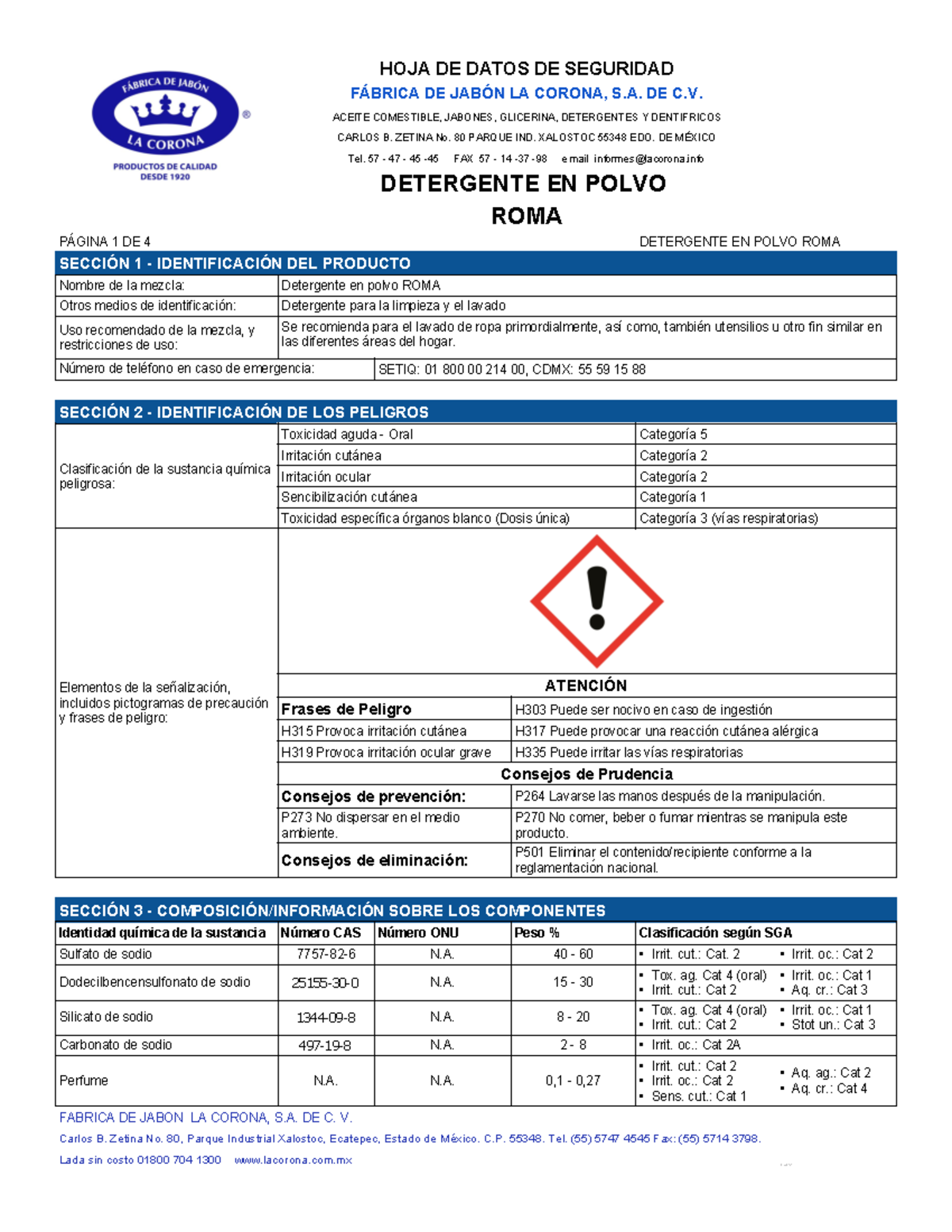 Hoja de Datos de Seguridad - Detergente en Polvo Roma - Document Preview