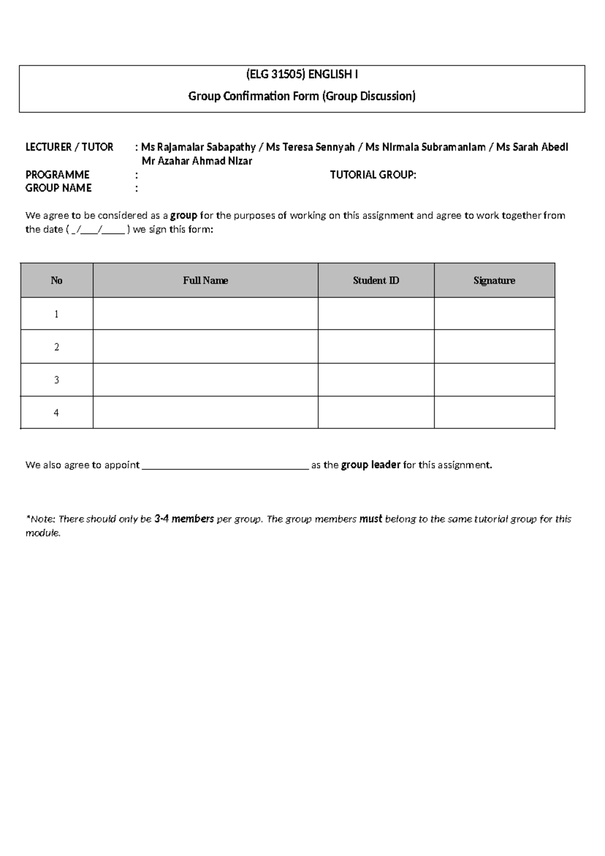 Group Confirmation Forms for ELG 31505 English I Assignments - Studocu