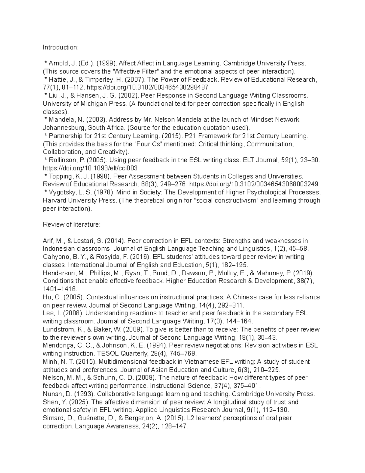 References: Peer Interaction and Feedback in Language Learning - Studocu
