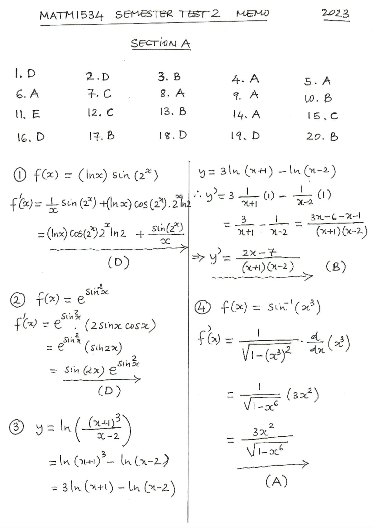MATM1534 SEMESTER TEST 2 2023 MEMO - SECTION A ANSWERS - Studocu