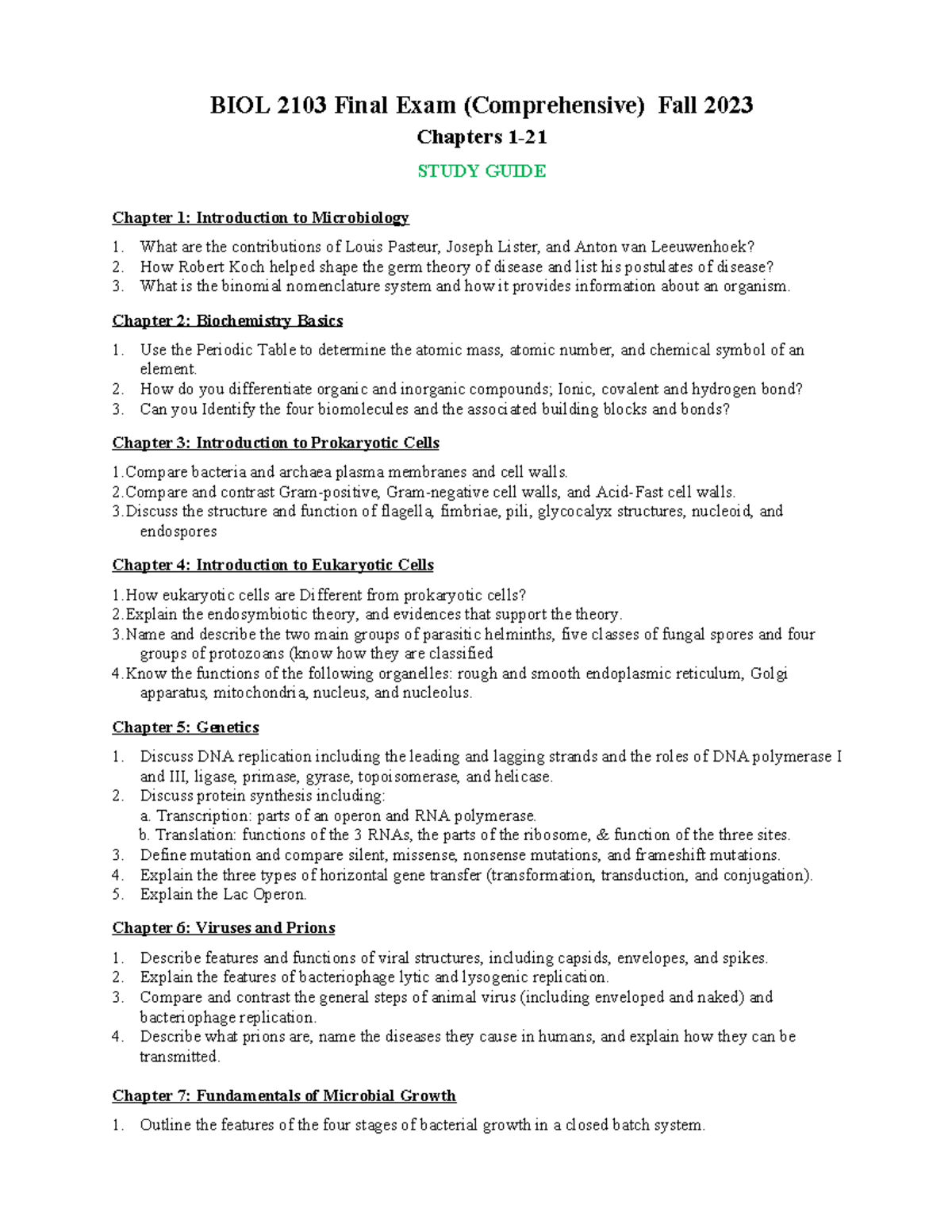BIOL 2103 Final Exam Comprehensive Study Guide Fall 2023 - Studocu