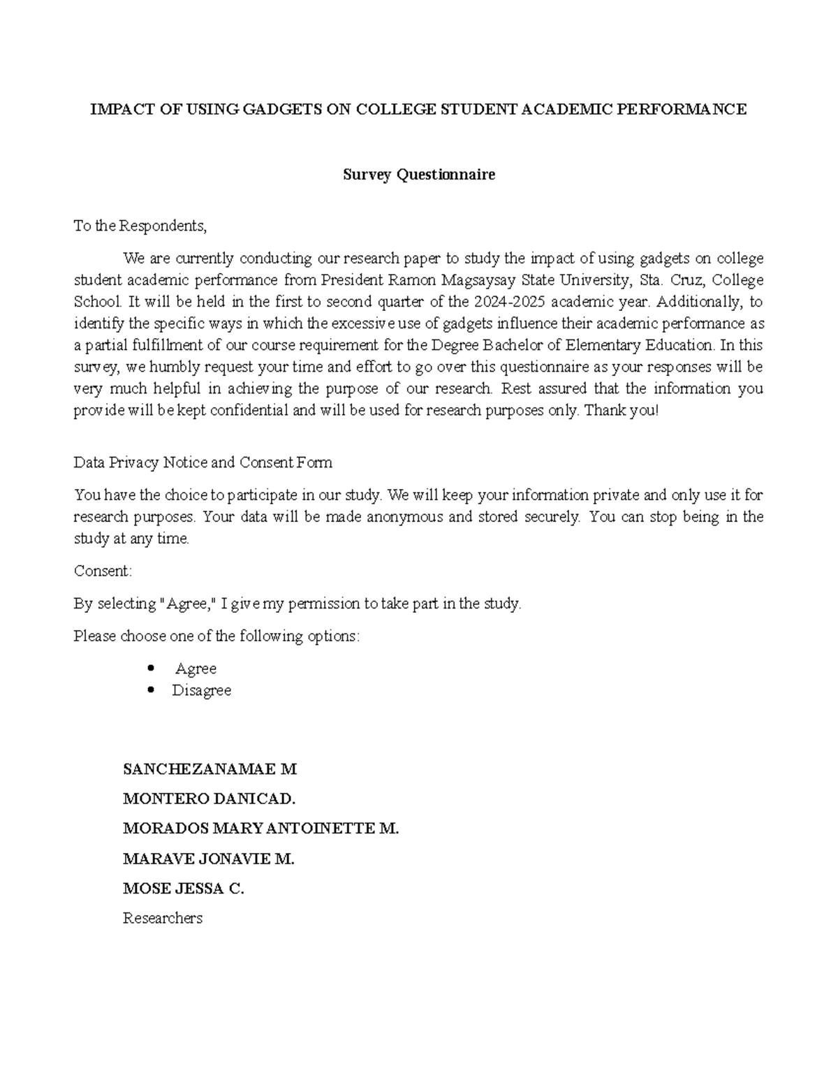 Questionnaire on Gadget Use and Academic Performance for BEED Students ...