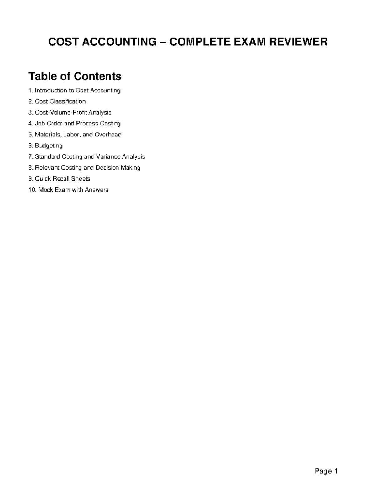 COST ACCOUNTING 101: COMPLETE EXAM REVIEWER & MOCK EXAM - Studocu