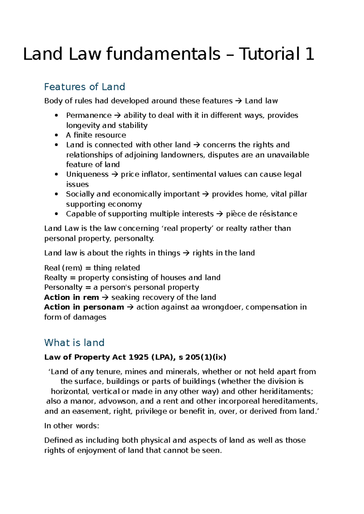 Land Law Fundamentals Tutorial 1: Key Features and Legal Principles ...