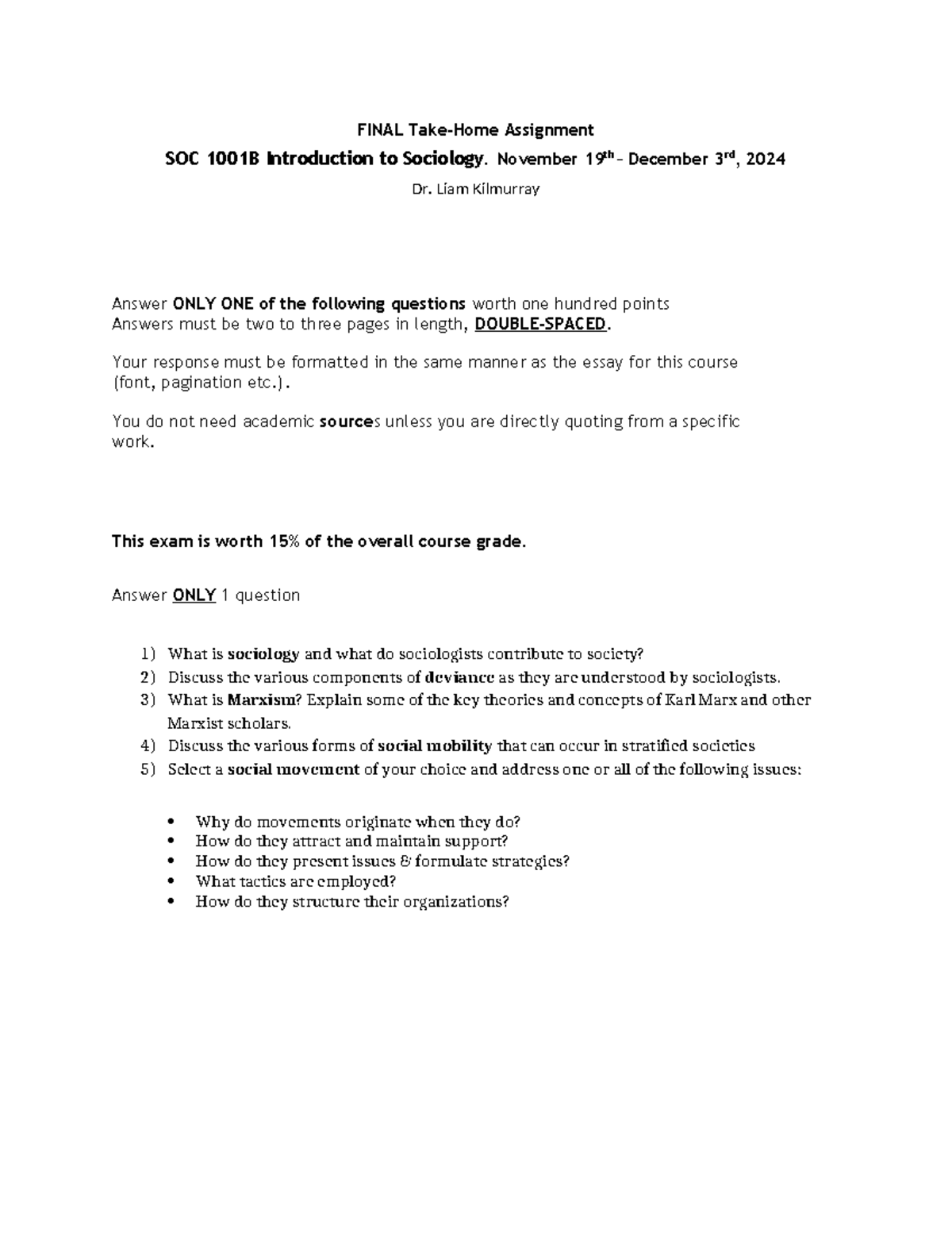 Final Assignment FALL 24 Soc 1001 - FINAL Take-Home Assignment SOC ...