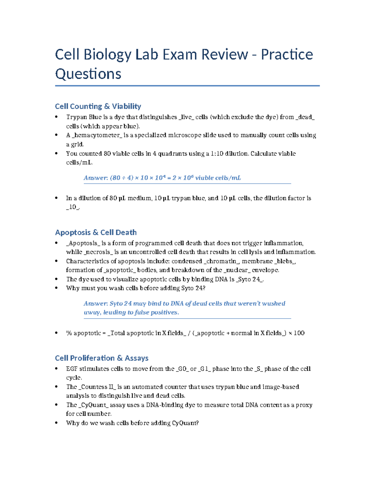 Cell Biology Lab Exam Review: Practice Questions on Cell Counting ...