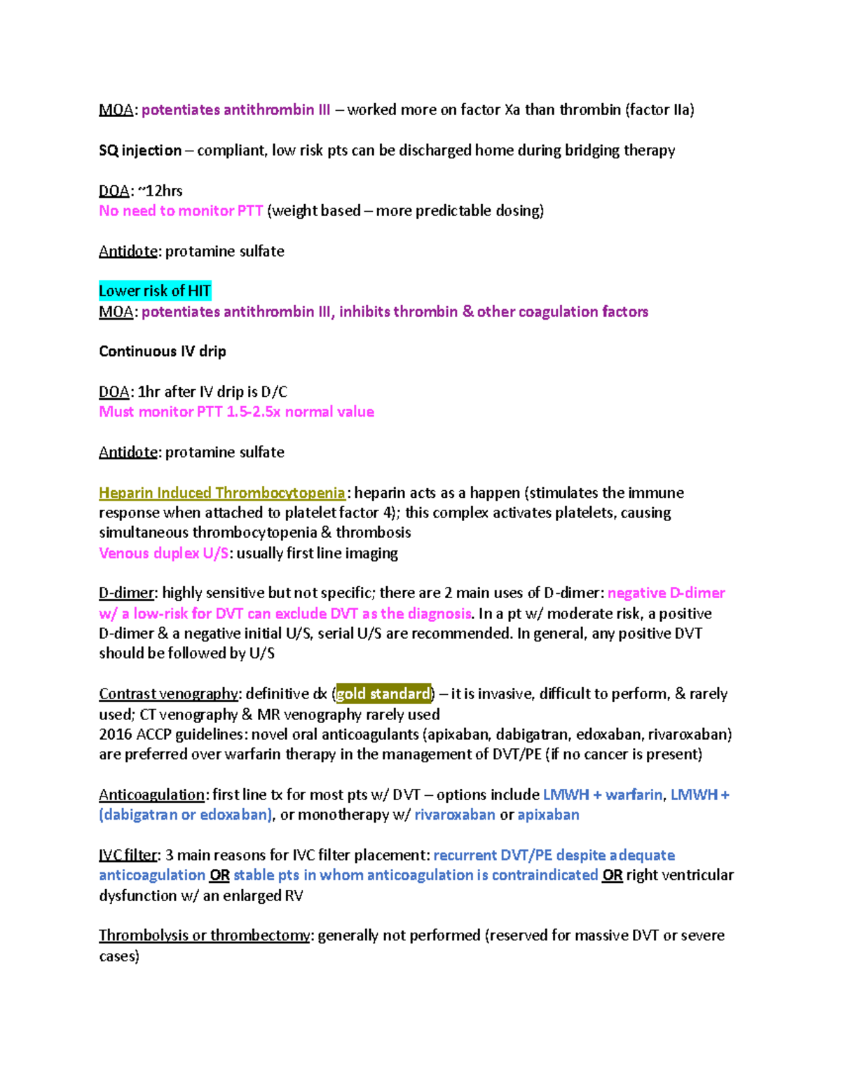Deep vein thrombosis 2 - lecture notes - MOA: potentiates antithrombin ...