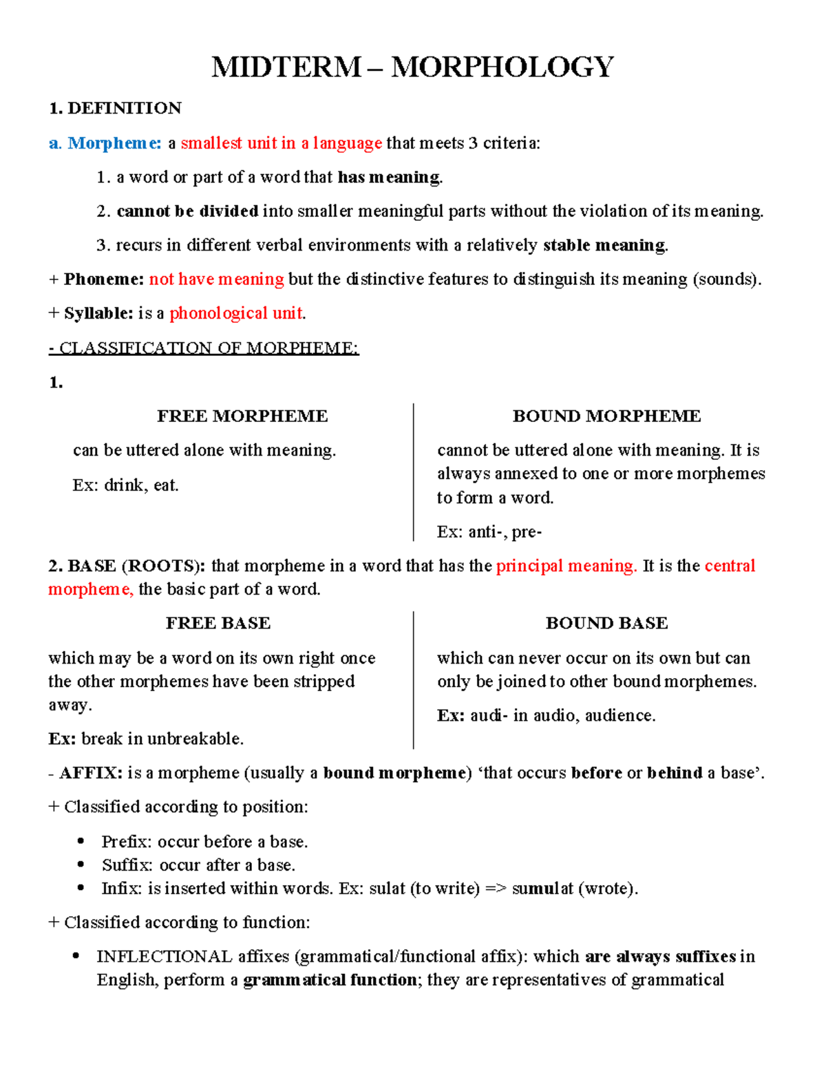 Midterm Exam Notes: Morphology Concepts and Definitions - Studocu