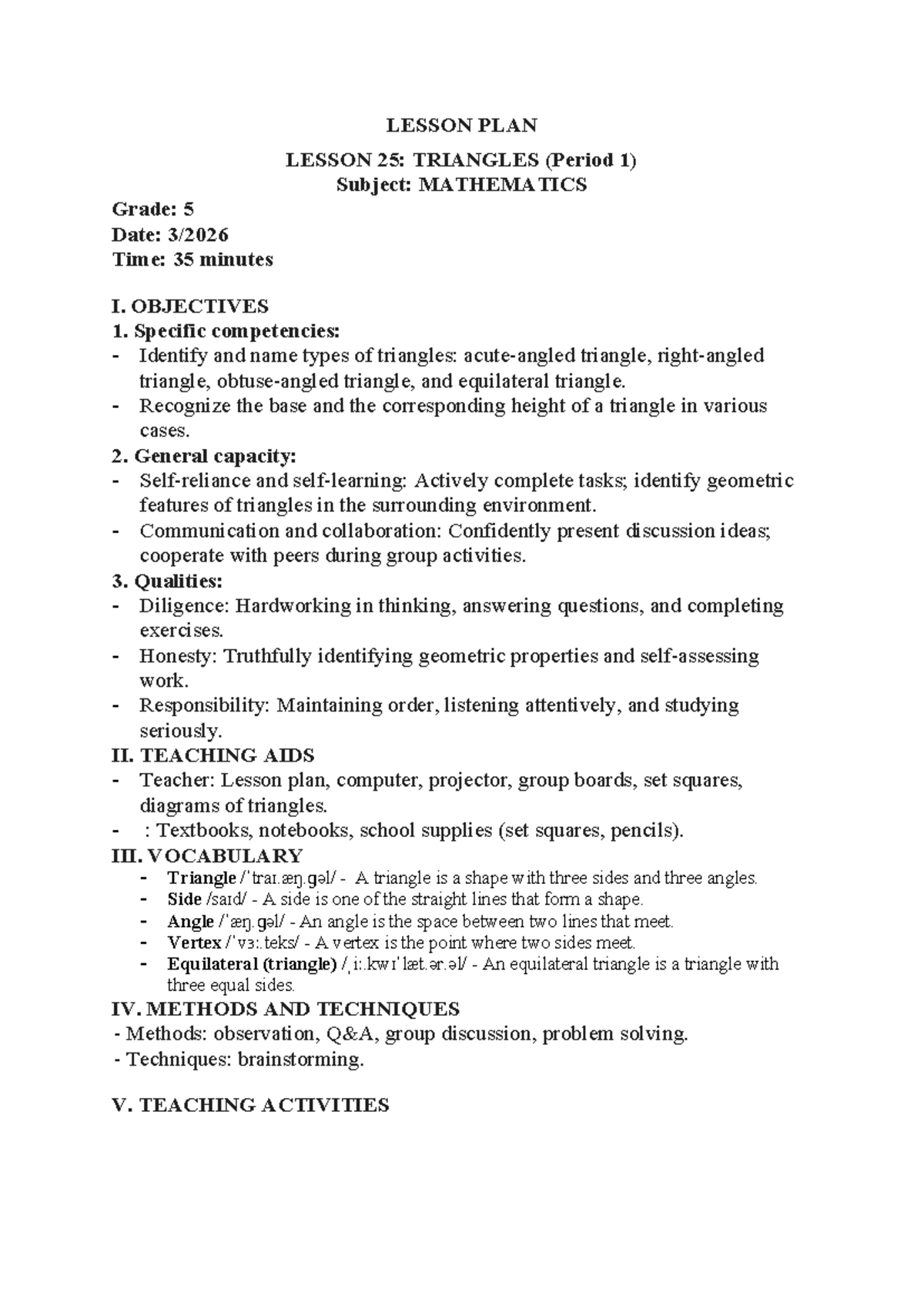 MATHEMATICS LESSON PLAN: TRIANGLES (Grade 5, Lesson 25) - Studocu