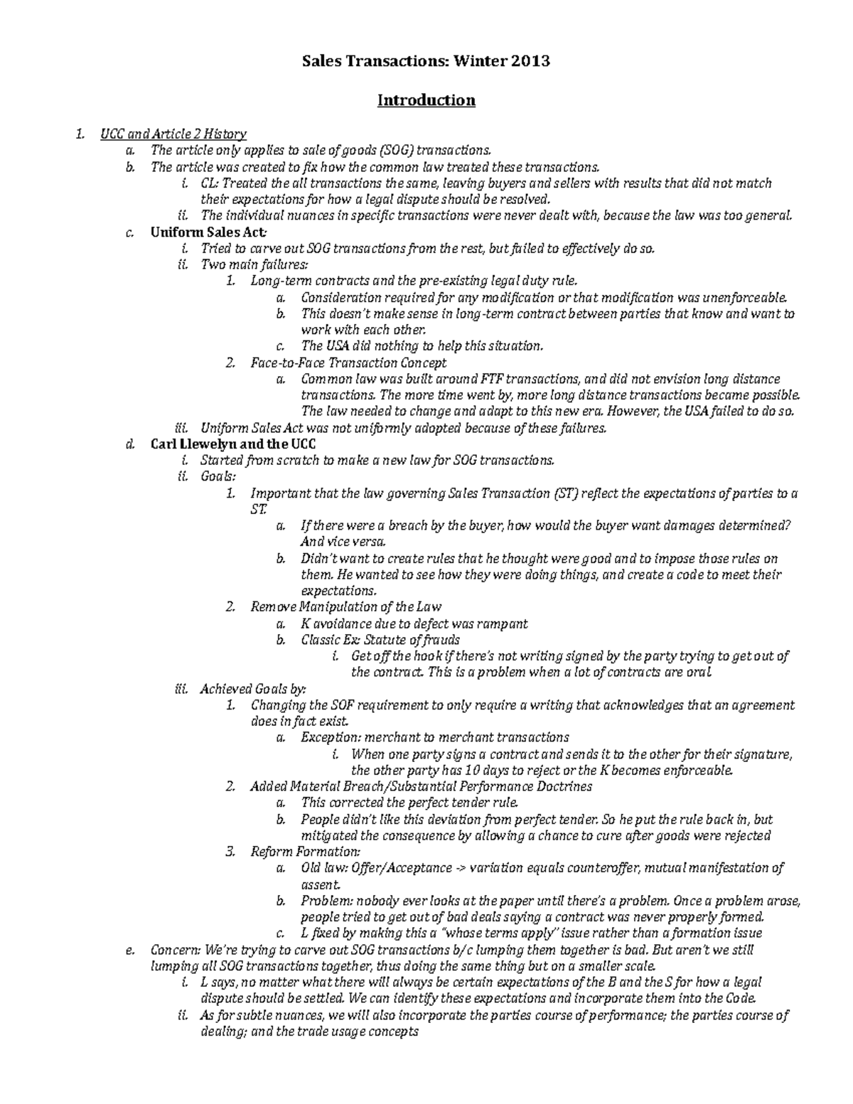 Sales Transactions Outline: UCC Article 2 Analysis and Principles - Studocu