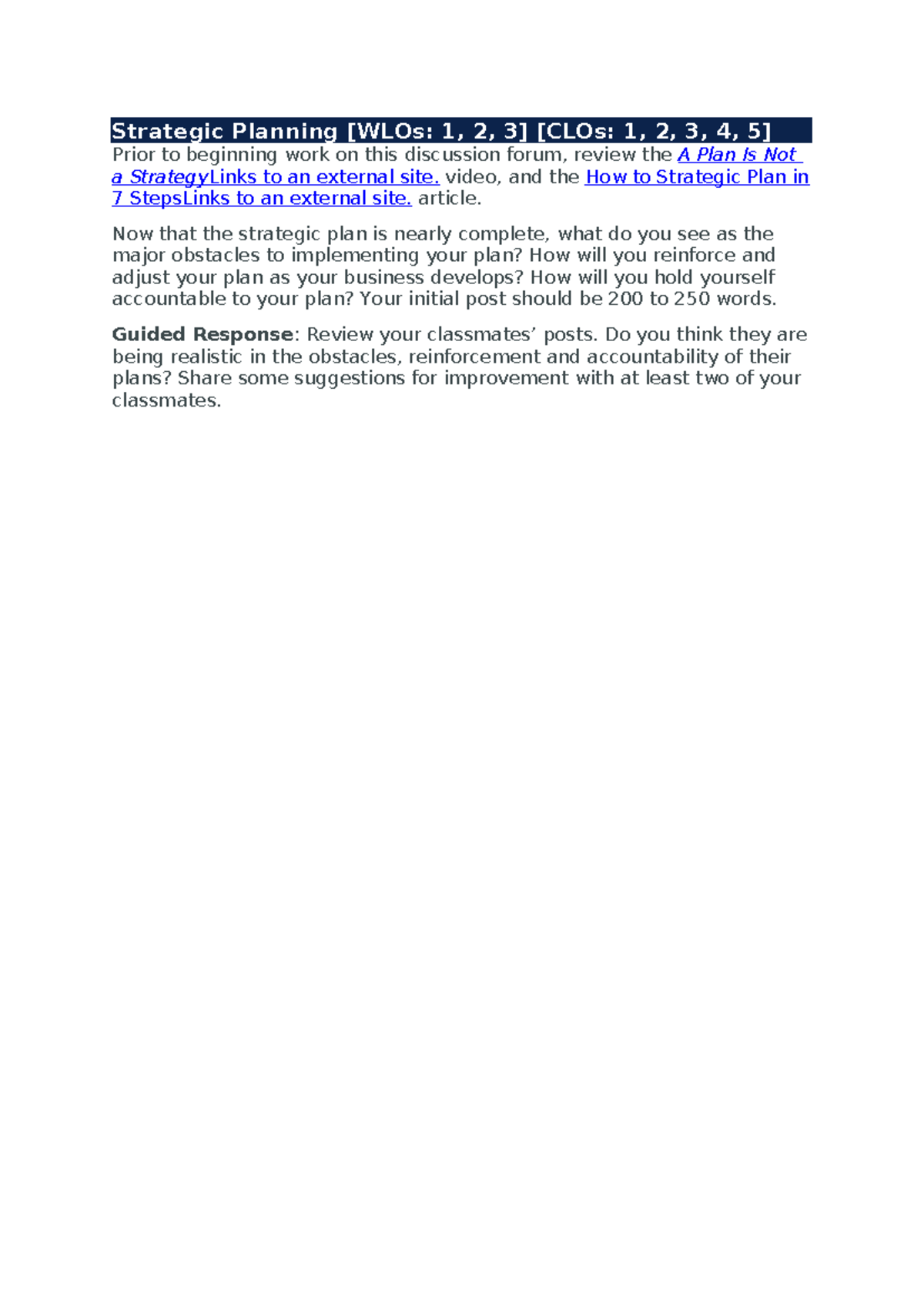 RES497 Week 5 Discussion: Overcoming Strategic Planning Obstacles - Studocu