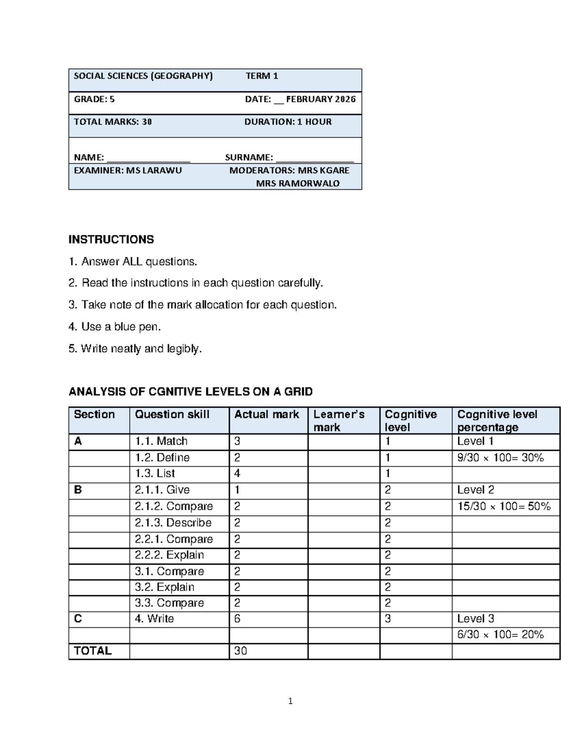 SOCIAL SCIENCES (GEOGRAPHY) TERM 1 EXAM GRADE 5 - FEB 2026 - Studocu