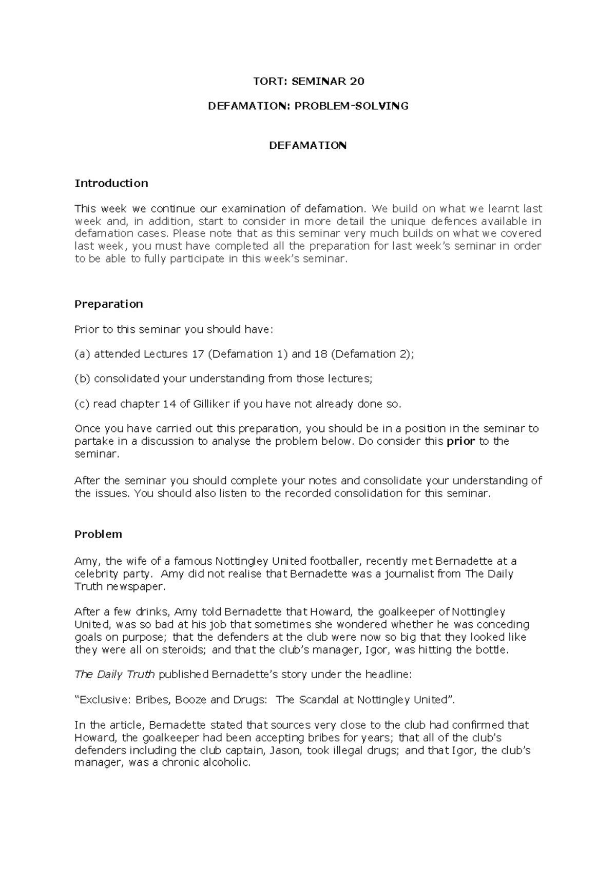 Tort Seminar 20: Defamation Case Study and Problem Analysis - Studocu
