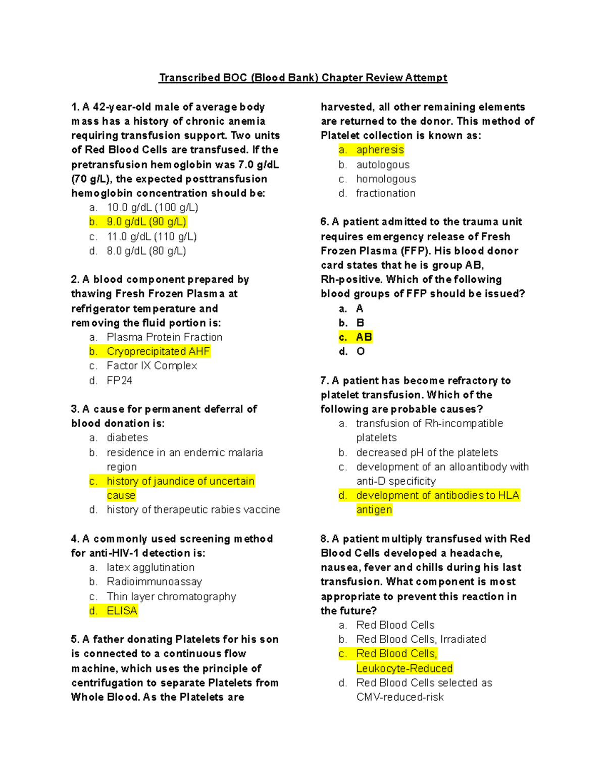 BOC Blood Bank Chapter Review: Key Concepts and Q&A - Studocu