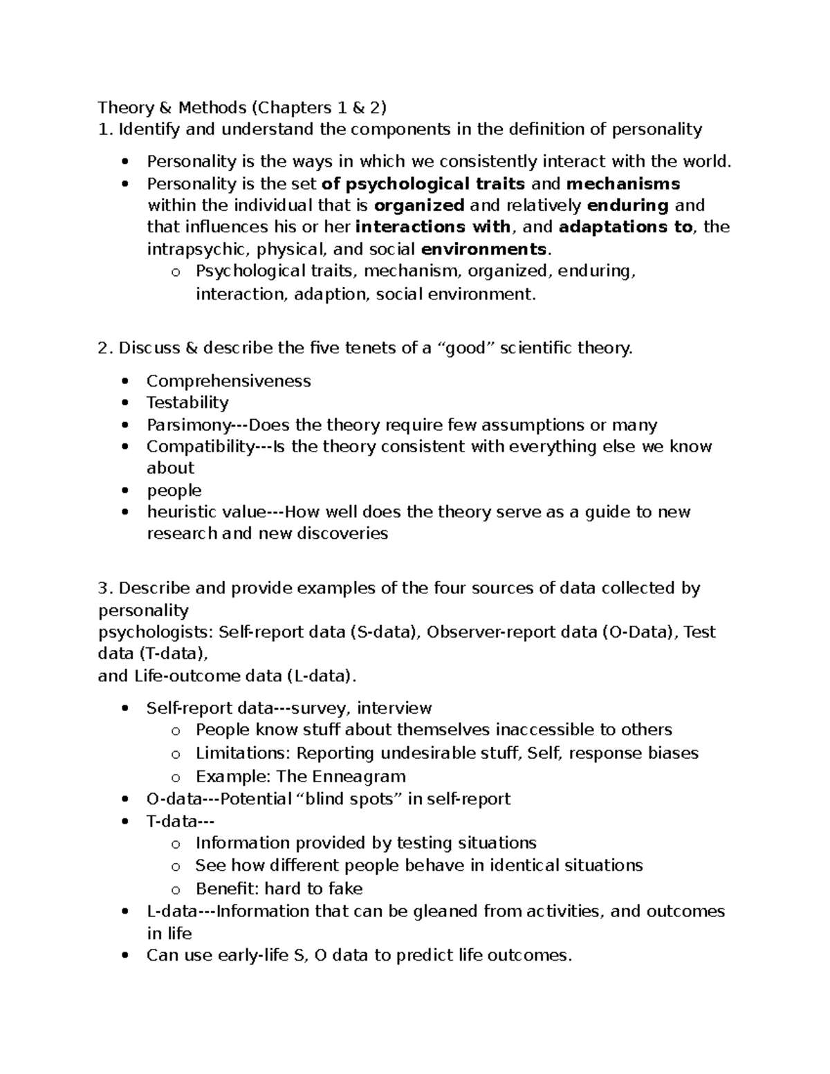 PSY 101 - Exam 1 Notes: Theories, Methods & Personality Data Analysis ...