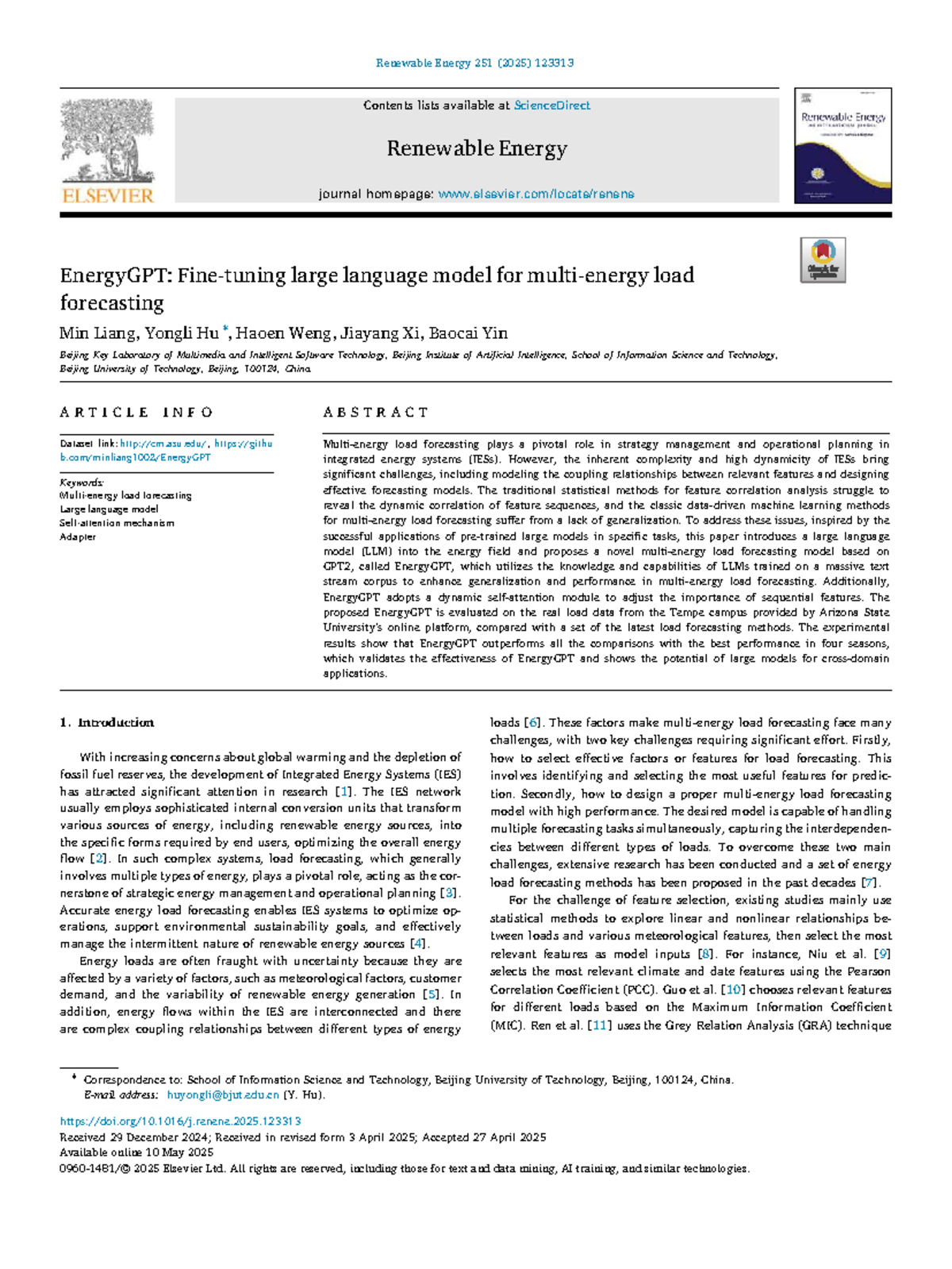 EnergyGPT: A Novel Load Forecasting Model Using LLMs in IES (RE 251 ...