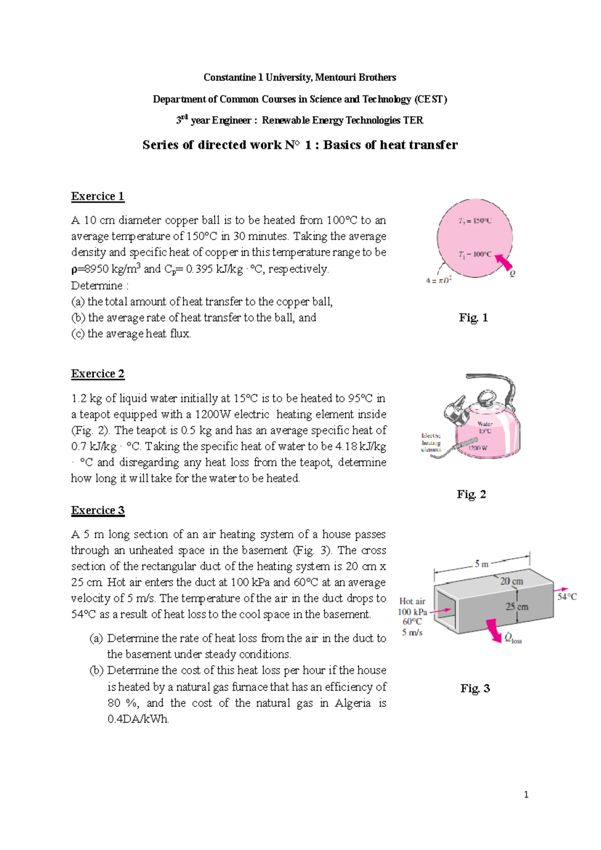 Serie TD N° 1: Heat Transfer Basics & Exercises for Renewable Energy ...