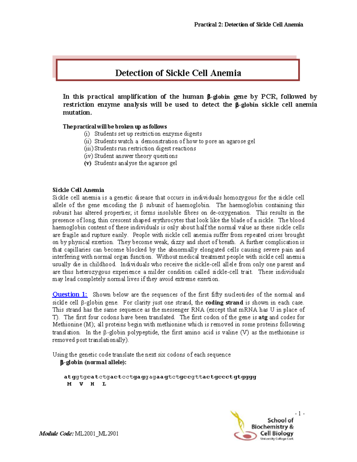 Detection of Sickle Cell Anemia: Practical 2 ML2001/ML2901 Manual - Studocu