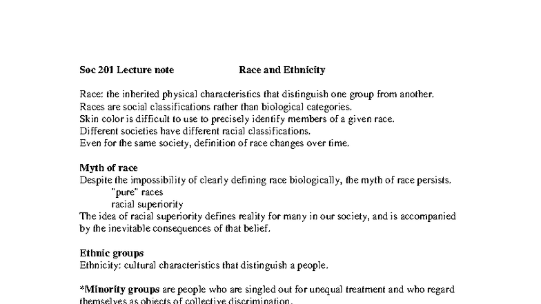 Race and ethnicity - Exam 3 - Race Study Notes - Soc 201 Lecture note ...