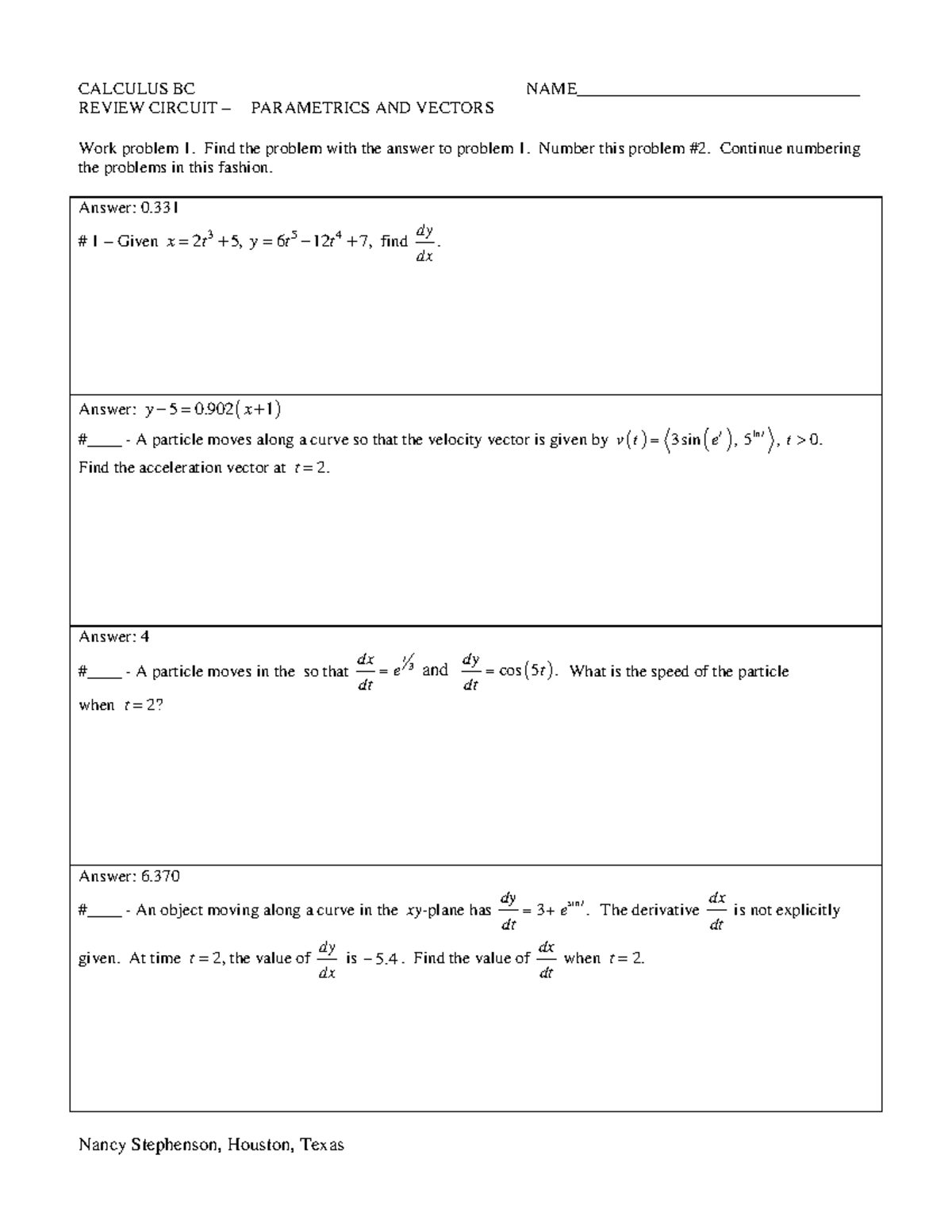 Calculus BC Assignment: Review of Parametrics, Vectors & Taylor Series ...
