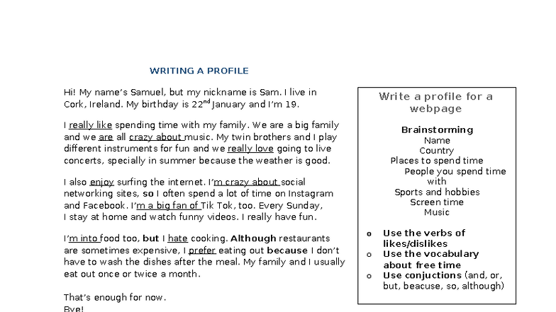 Writing a Profile: Sam's Life and Interests - Studocu